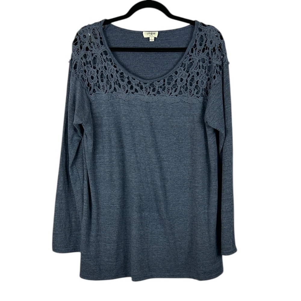 Umgee Casual Lace Accent Long Sleeve Round Neck Cotton Blend Knit Top Large Blue